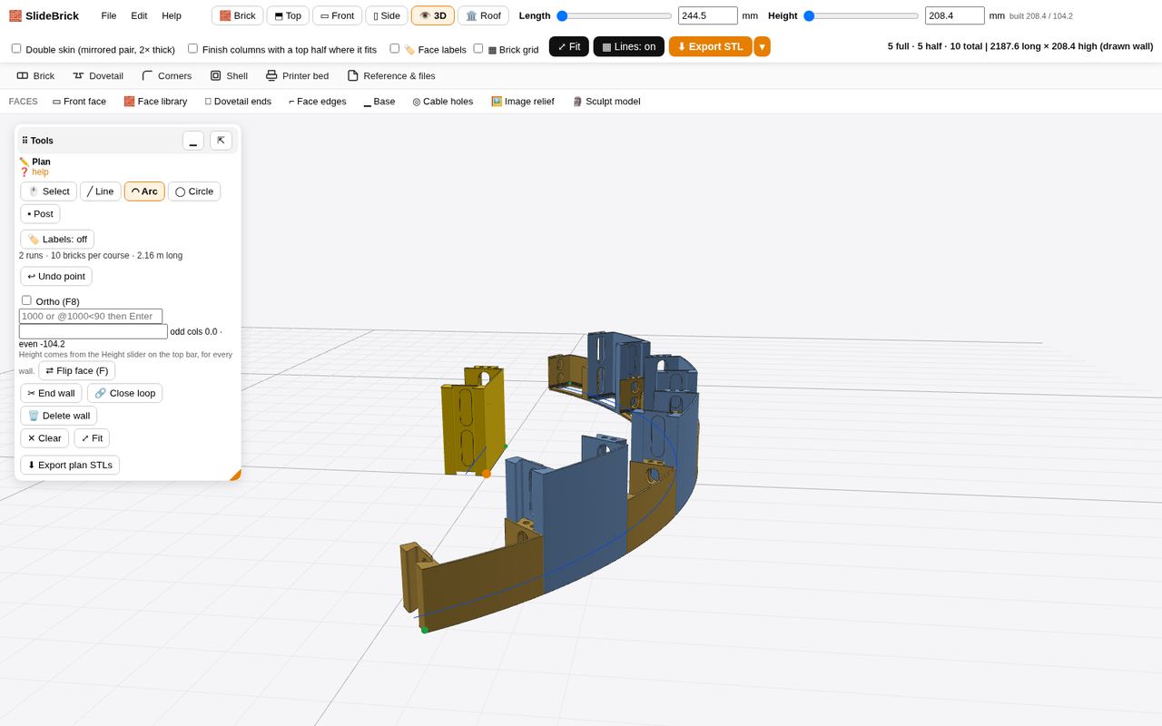 SlideBrick 3D view of a curved brick wall