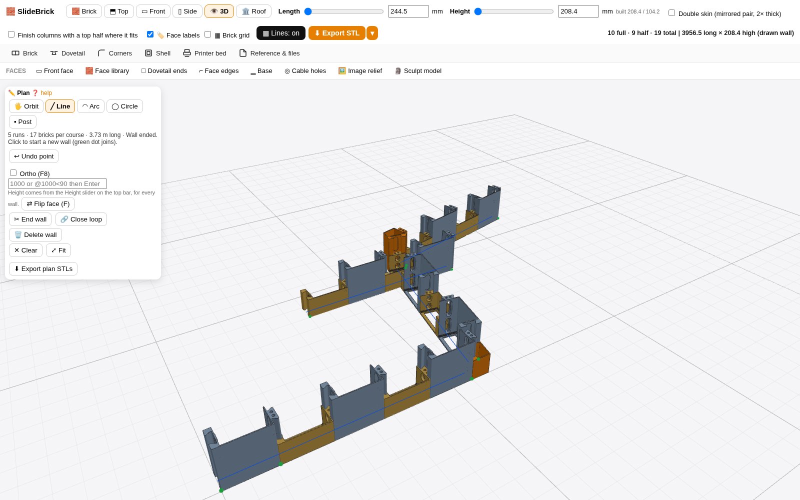 SlideBrick designer 3D view of interlocking brick walls with corner posts